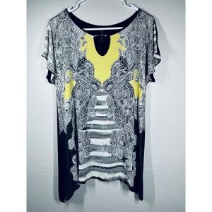 SKINNY MINNIE Women's Sz Lg. Black Yellow White Floral Neck Tunic Top L